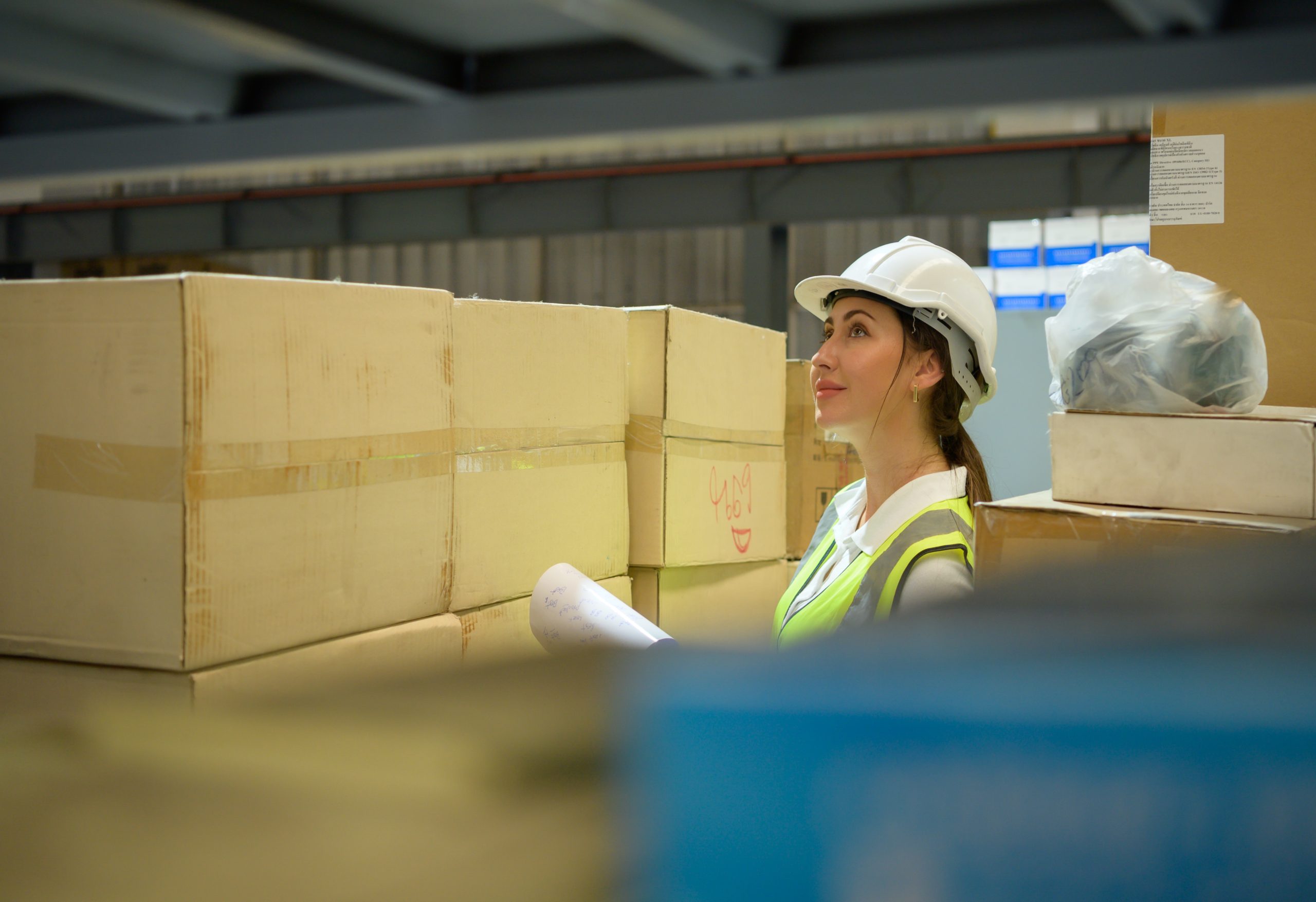 Female warehouse worker Counting items in an industrial warehous